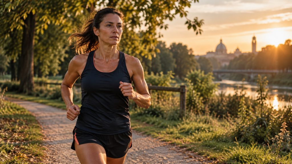 Ciclo mestruale e corsa: bisogna davvero cambiare allenamento in ogni fase? 2 Runner donna corre su sentiero di parco nel tardo pomeriggio, WLF Team Sport