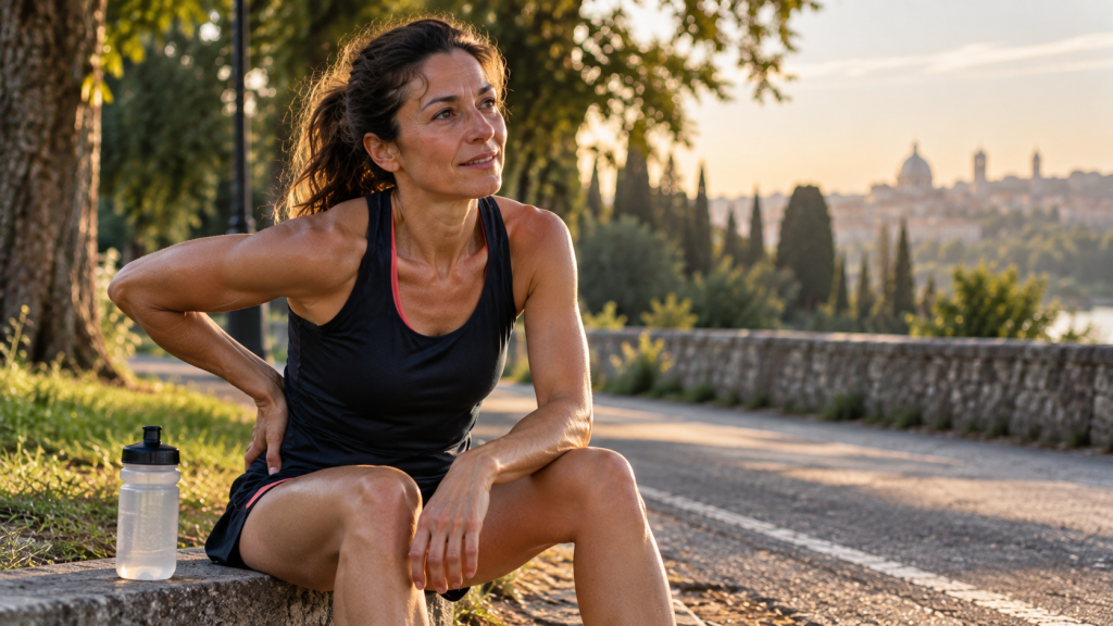 Sintomi mestruali e allenamento: cosa osservare realmente 1 Runner donna si riposa dopo una corsa leggera, ascoltando i segnali del corpo, WLF Team Sport